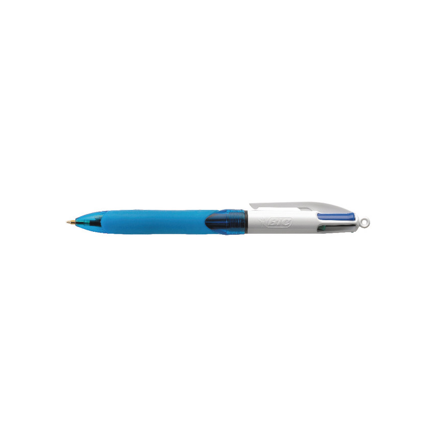 Bic 4 Colours Grip Boligrafo de Bola Retractil con Grip - Punta Media de 1mm - Trazo de 0.4mm - Tinta con Base de Aceite - Cuerpo Blanco/Azul Transparente - 4 Colores