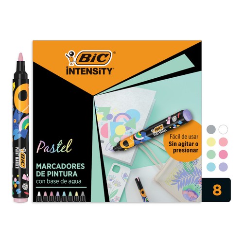 Bic Intensity Pack de 8 Marcadores de Pintura - Punta Media - Tinta con Base de Agua - 98% de Materiales Reciclados - Colores Pastel Surtidos
