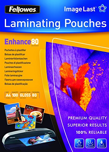 Fellowes Pack de 100 Fundas para Plastificar Brillo A4 - 80 Micras - Alta Calidad - Transparente