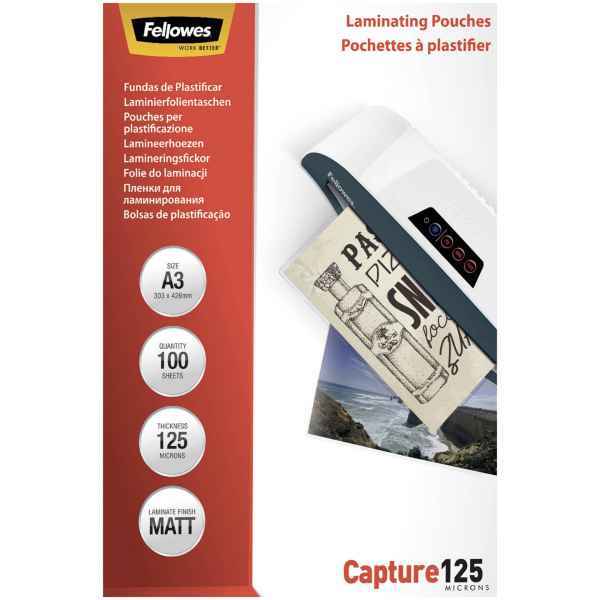 Fellowes Pack de 100 Fundas para Plastificar Mate A3 - 125 Micras - Transparente