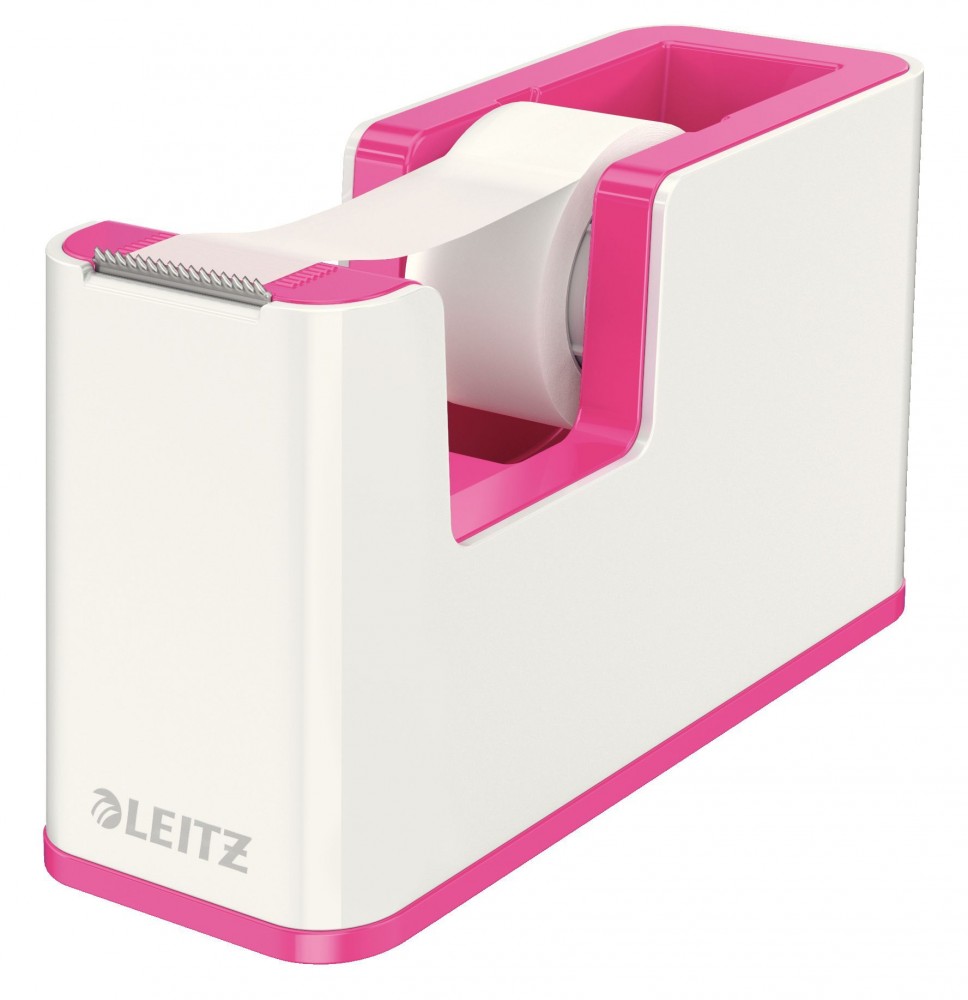 Leitz WOW Dispensador de Cinta Adhesiva - Para Rollos de hasta 19mm x 33m - Incluye Cinta Autoadhesiva Escribible - Color Blanco/Rosa