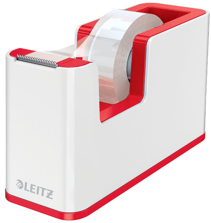 Leitz WOW Dispensador de Cinta Adhesiva - Para Rollos de hasta 19mm x 33m - Incluye Cinta Autoadhesiva Escribible - Color Blanco/Rojo