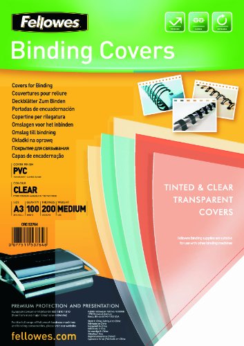 Fellowes Pack de 100 Portadas para Encuadernar de PVC A3 - 200 Micras - Muy Resistentes - Transparente