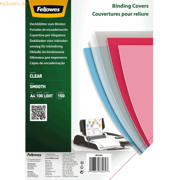 Fellowes Pack de 100 Portadas de Polietileno Transparentes para Documentos A4 - Grosor 150 Micras - Utilizables en Encuadernadoras de Espiral o Canutillo