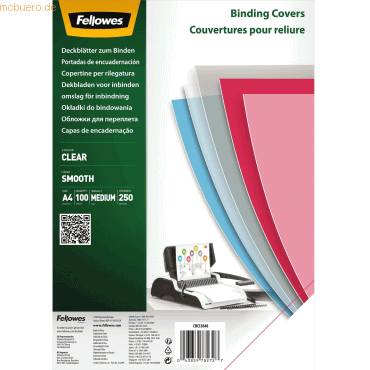 Fellowes Pack de 100 Portadas de Polietileno Transparentes para Documentos A4 - Grosor de 250 Micras - Ideal para Encuadernadoras de Espiral o Canutillo