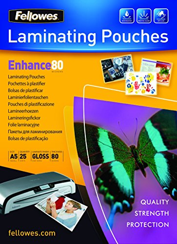 Fellowes Pack de 25 Fundas para Plastificar Brillo A5 - 80 Micras - Alta Calidad - Transparente