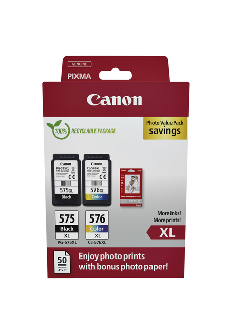 Canon PG575XL/CL576XL Multipack de 2 Cartuchos de Tinta Originales + 50 Hojas de Papel Fotografico - 5437C006