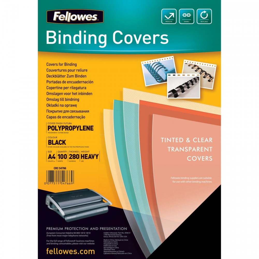Fellowes Pack de 100 Portadas de Polipropileno A4 - 280 Micras - Muy Resistentes - Color Negro