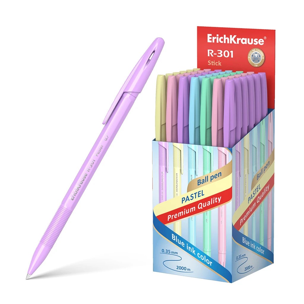 Erichkrause R-301 Pastel Boligrafo Punta de Bola 0.7mm - Trazo 0.35mm - Cuerpo Hexagonal Opaco en Colores Pastel - Tinta de Secado Rapido - Color Tinta Azul