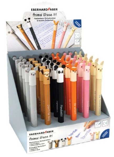 Eberhard Faber Animal Erase It! Expositor con 36 Boligrafos Borrables Tinta Gel Azul - Trazo 0.7mm - Capuchon con Formas de Animales - Tacto Soft