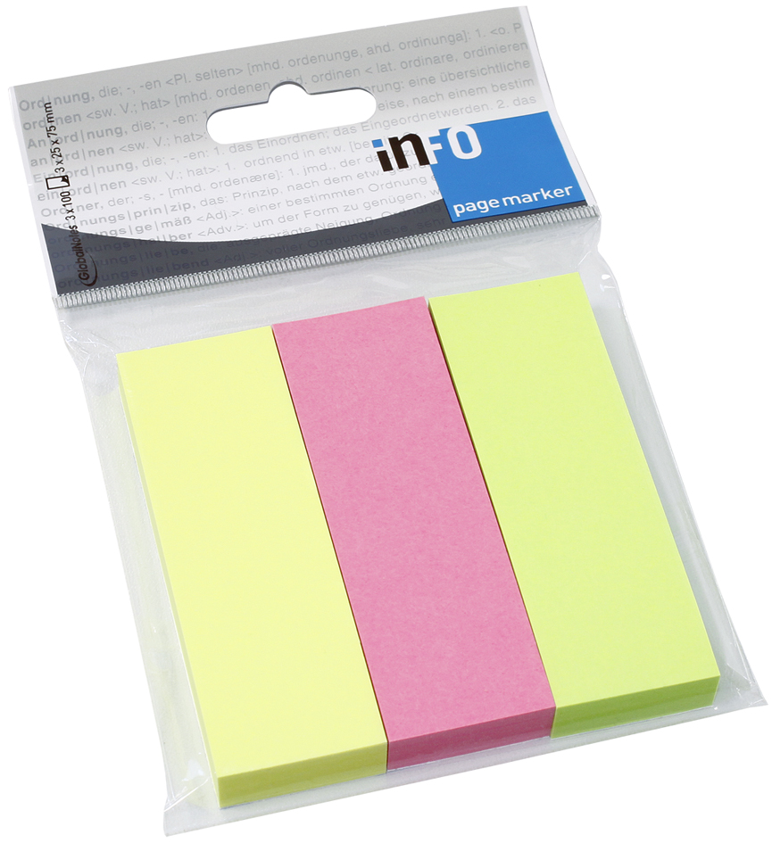 Global Notes inFO Pack de 3 Blocs de 100 Marcadores de Pagina 75 x 25mm - Certificacion FSC? - Colores Amarillo, Verde y Rosa