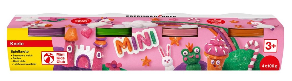 Eberhard Faber Mini Kids Pack con 4 Botes 100gr de Pasta de Modelar - 97% Ingredientes Naturales - Colores Brillantes Naranja, Morado, Rosa y Verde