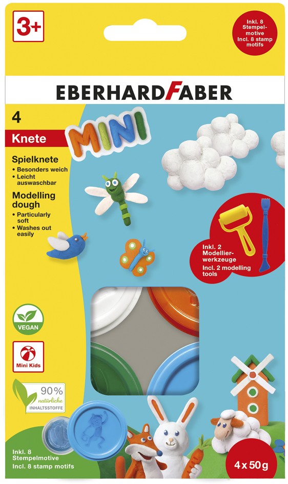 Eberhard Faber Mini Kids Pack con 4 Botes 50gr de Pasta de Modelar + 2 Herramientas - 90% Ingredientes Naturales - Facil de Lavar - Colores Blanco, Naranja, Verde y Azul