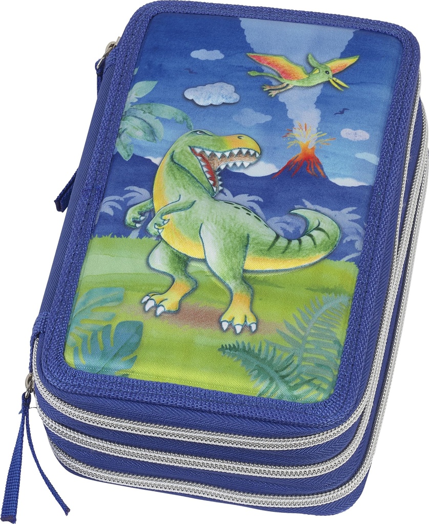 Faber-Castell Diseño Dinosaurio Estuche de 3 Pisos con Contenido de Serie: Goma de Borrar, Sacapuntas, Lapiz de Grafito HB, 2 Boligrafos (Azul y Rojo), Regla de 15cm, 18 Lapices de Colores, 18 Rotuladores, Tijera y Barra de Pegamento