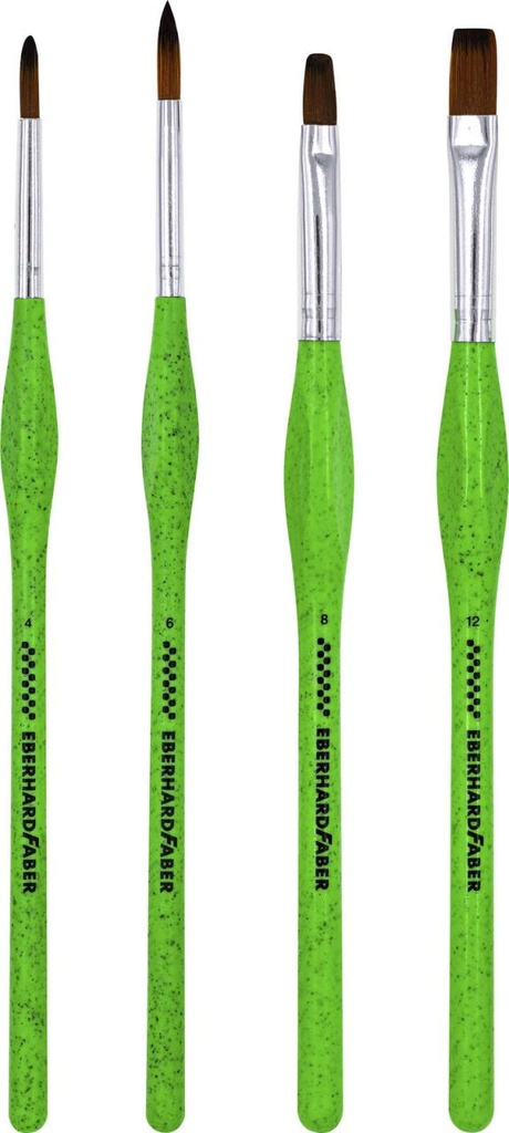 Eberhard Faber Green Winner Pack con 4 Pinceles de Pelo Sintetico Tamaños 4, 6, 8, 12 - Agarre Ergonomico - Fabricados con un 60% de Almidon de Maiz