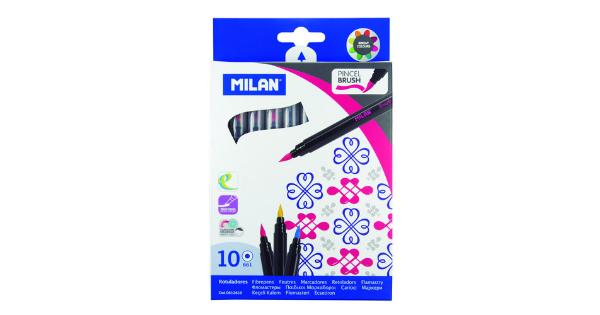Milan Pack de 10 Rotuladores con Punta de Pincel - Trazo de 0.5 a 4mm - Tinta a Base de Agua - Mezclable entre si - Colores Surtidos