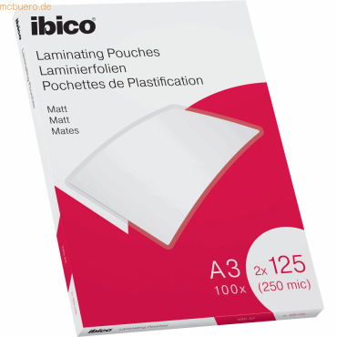 Ibico Caja de 100 Laminas de Plastificar Mate A3 125 Micras - Superficie Mate - Plastifica Papel, Fotos, Tarjetas de Visita - Transparente