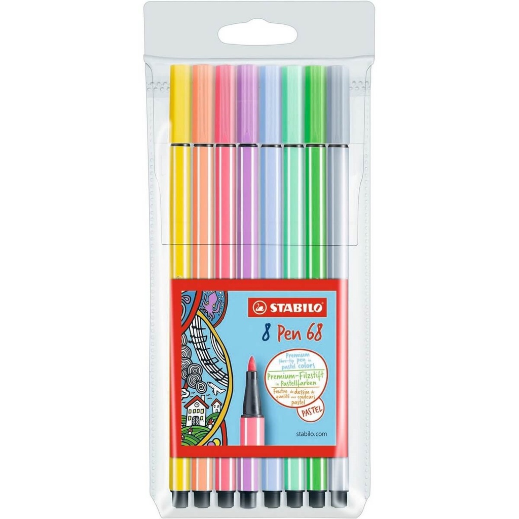 Stabilo Pen 68 Pack de 8 Rotuladores Acuarelables - Punta de Fibra - Trazo de 1mm aprox. - Tinta a Base de Agua - Capuchon Ventilado - Colores Pastel Surtidos