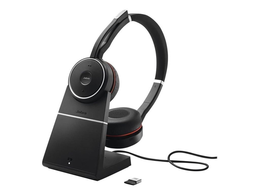 Jabra Evolve 75 SE UC Auriculares con Microfono Bluetooth Dual + Soporte de Carga USB-A Voz HD - Cancelacion de Ruido - Autonomia hasta 18h - Diadema Ajustable - Controles en Auricular - Color Negro