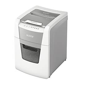Leitz IQ 100 Autofeed P4 Destructora Automatica de Papel Corte en Particulas P-4 - Autoalimentacion 100 Hojas, Manual 8 Hojas - Capacidad de la Papelera de 34L - Color Blanco/Gris