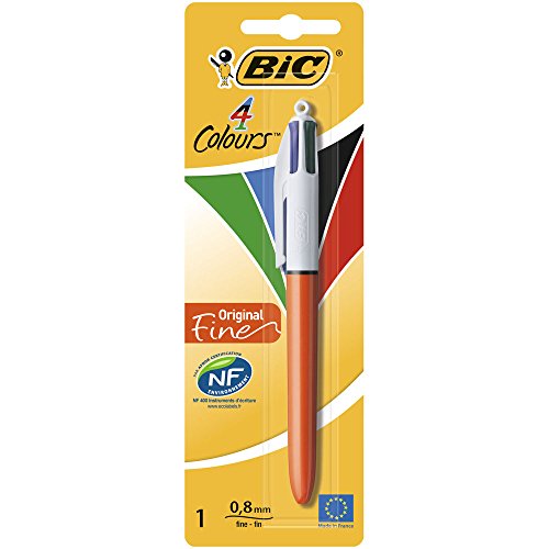 Bic 4 Colours Original Fine Boligrafo de Bola Retractil - Punta Fina de 0.8mm - Tinta con Base de Aceite - Cuerpo Rojo/Blanco - 4 Colores