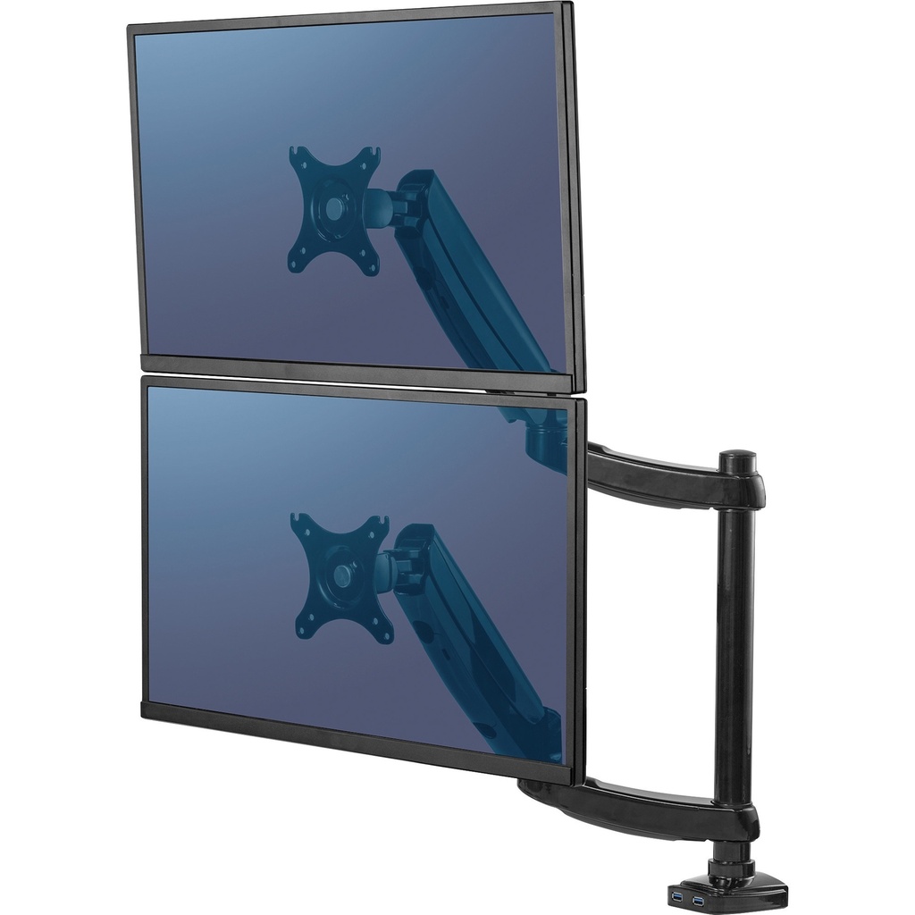Fellowes Platinum Series Brazo para Monitor Doble Vertical - Hasta 27" y 8kg - 2 Puertos USB - Sistema de Gestion de Cables - Color Negro