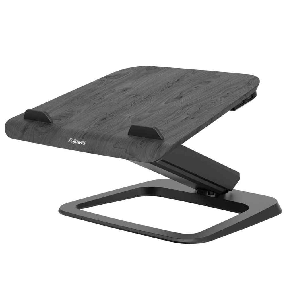 Fellowes Hana Soporte para Portatil - Sistema de Muelle a Gas - Inclinacion Maxima 95º - 4 Puertos USB - Base de Aluminio y Plataforma de Madera - Hasta 29 Pulgadas - Color Negro