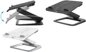 Fellowes Hana Soporte para Portatil - Sistema de Muelle a Gas - Inclinacion Maxima 95º - 4 Puertos USB - Base de Aluminio y Plataforma de Madera - Hasta 29 Pulgadas - Color Blanco