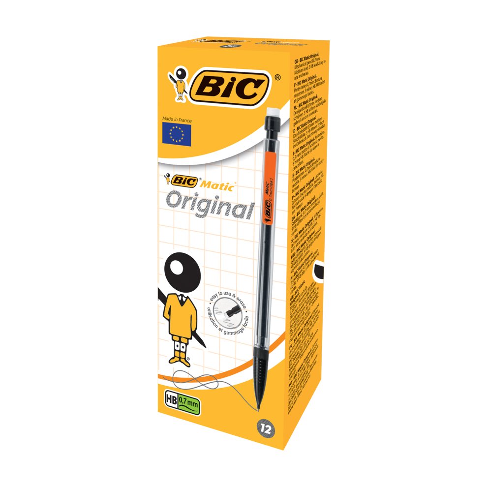 Bic Matic Original Fine Portaminas 0.7mm HB con Goma - Punta Retractil - Cuerpo de Colores Surtidos