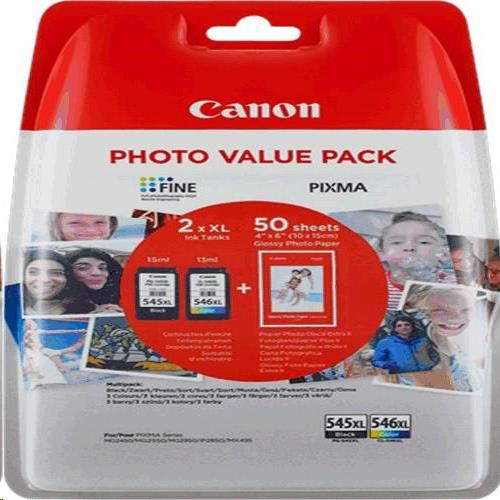 Canon PG545XL Negro + CL546XL Color Pack de 2 Cartuchos de Tinta Originales + 50 Hojas de Papel Fotografico - 8286B011/8286B006