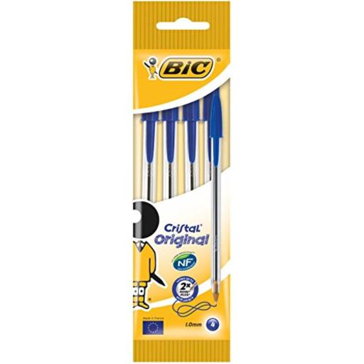Bic Cristal Original Pack de 4 Boligrafos de Bola - Punta Redonda de 1.0mm - Trazo 0.4mm - Tinta con Base de Aceite - Color Azul