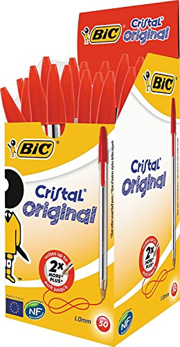 Bic Cristal Original Boligrafo de bola - Punta redonda de 1.0mm - Trazo 0.4mm - Tinta con Base de Aceite - Color Rojo