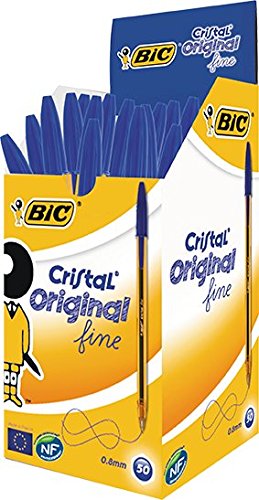 Bic Cristal Original Fine Boligrafo de Bola - Punta Redonda de 0.8mm - Trazo de 0.30mm - Tinta con Base de Aceite - Translucido - Color Azul