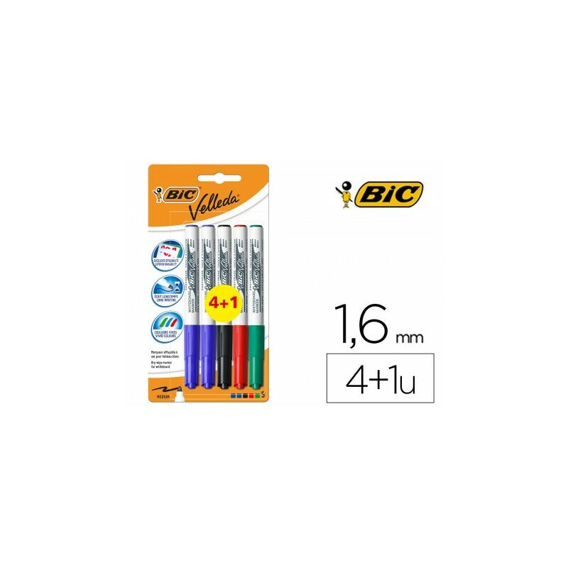 Bic Velleda Grip 4+1 Pack de 5 Rotuladores para Pizarra - Zona con Grip - Punta Media - Trazo de 1.2mm - Borrado Optimo - Colores Surtidos