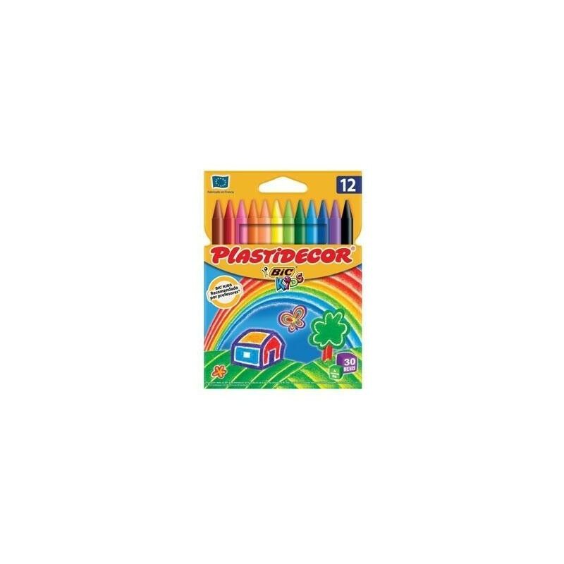 Bic Kids Plastidecor Caja de 12 Lapices de Cera - Extraresistentes - Facil de Sacar Punta - No Mancha