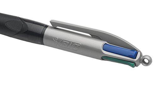 Bic 4 Colours Grip Pro Boligrafo de Bola Retractil con Grip - Punta Media de 1mm - Trazo de 0.4mm - Tinta con Base de Aceite - Cuerpo Gris/Negro Transparente - 4 Colores