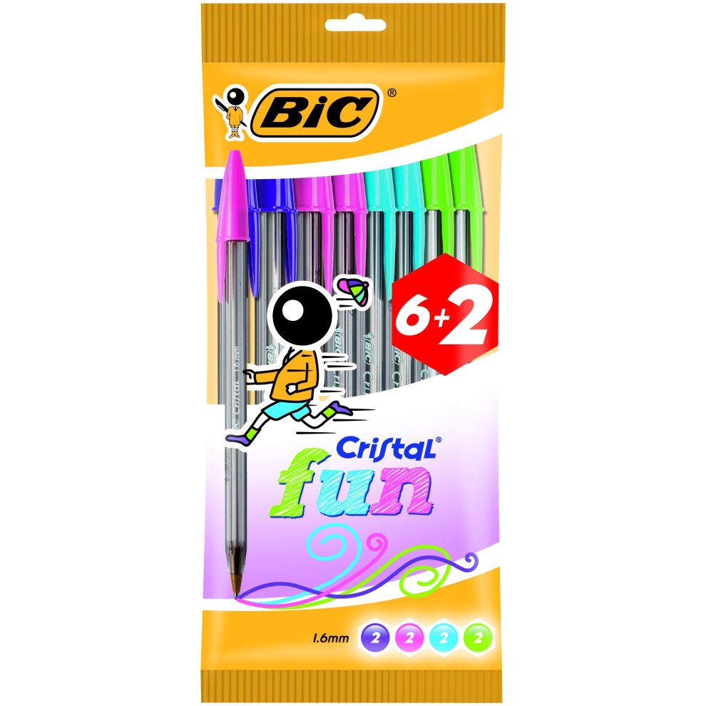 Bic Cristal Fun 6+2 Pack de 8 Boligrafos de Bola - Punta Redonda de 1.6mm - Trazo 0.42mm - Tinta con Base de Aceite - Colores Surtidos