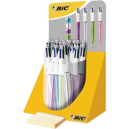 Bic 4 Colours Shine Expositor de 20 Boligrafos de Bola Retractil - Punta Media de 1.0mm - Tinta con Base de Aceite - Cuerpo de Colores Metalicos Surtidos - 4 Colores