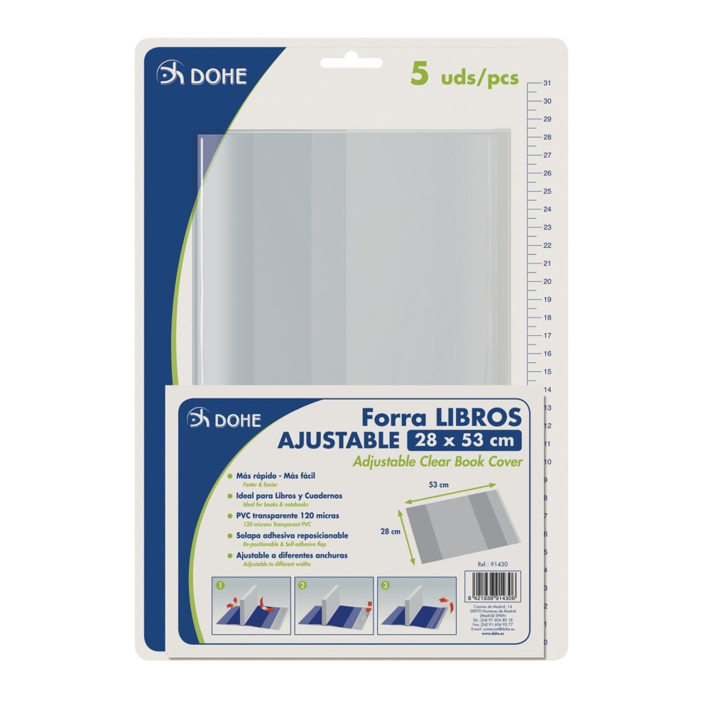 Dohe Pack de 5 Cubiertas Protectoras de Libros - Solapa Adhesiva Reposicionable - Tamaño 28x53cm - Material PVC 120 micras