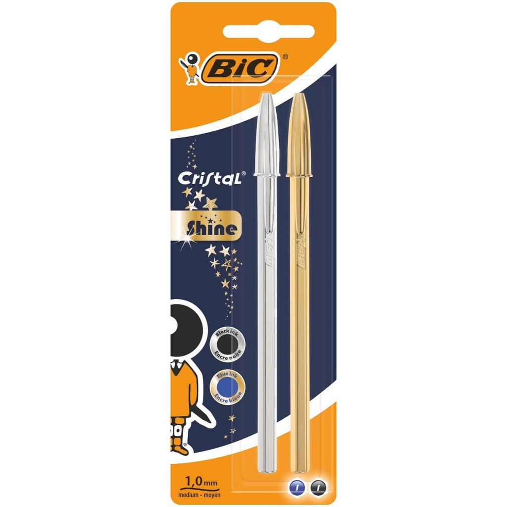 Bic Cristal Shine Pack de 2 Boligrafos de Bola - Punta Media de 1.0mm - Tinta con Base de Aceite - Cuerpo Plateado y Dorado - Color Azul y Negro