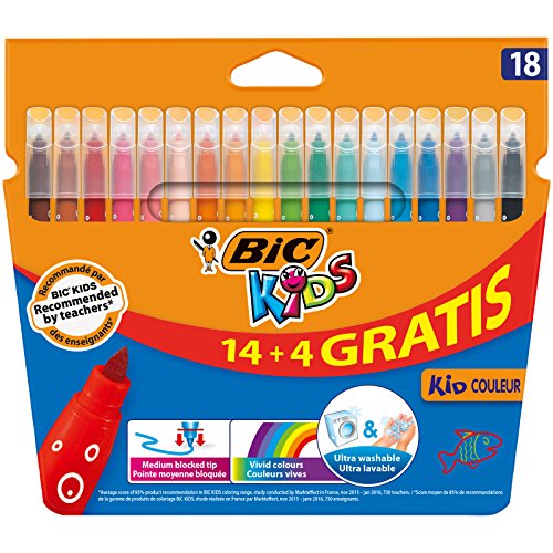 Bic Kids Couleur Pack de 18 Rotuladores - Punta Mediana - Lavable - Colores Surtidos