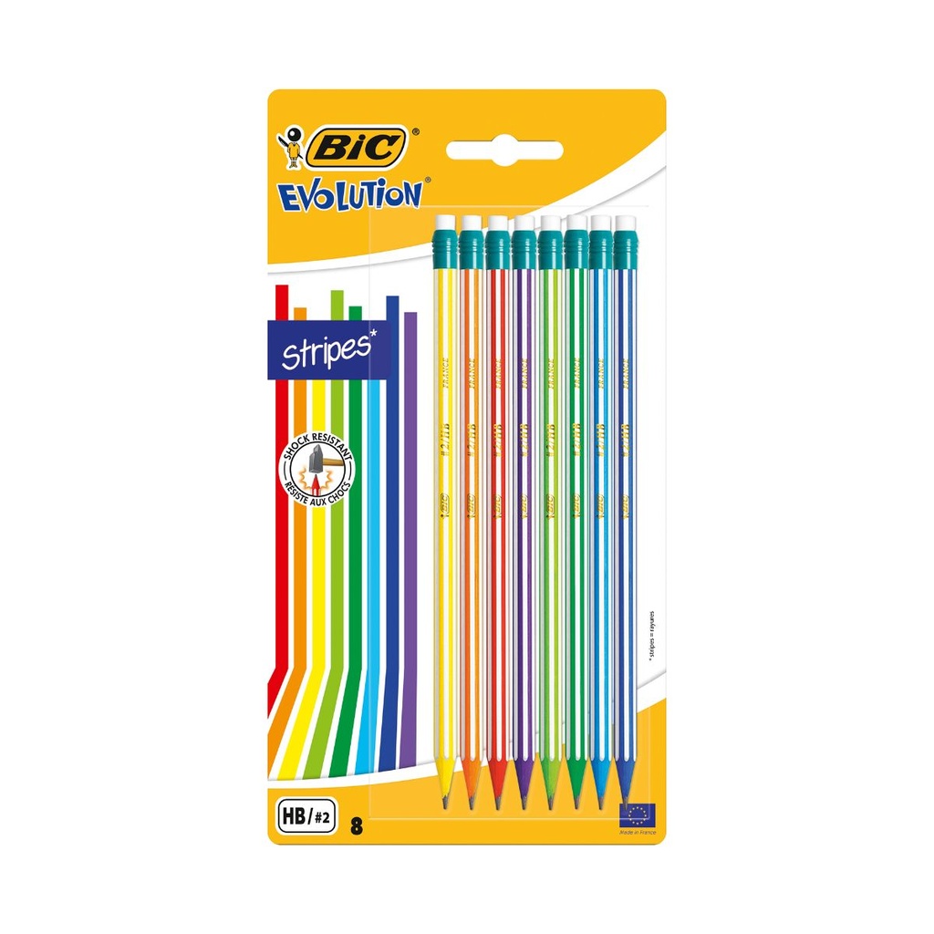 Bic Evolution Stripes Pack de 8 Lapices de Grafito Hexagonales con Goma de Borrar - Mina HB Ultraresistente - Fabricados en Resina Sintetica - Cuerpo de Colores Surtidos