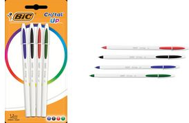 Bic Cristal Up Pack de 4 Boligrafos de Bola - Punta Redonda de 1.2mm - Trazo 0.6mm - Tinta con Base de Aceite - Cuerpo Blanco - Colores Surtidos