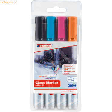 Edding 95 Pack de 4 Rotuladores de Tiza Liquida - Punta Redonda - Trazo 1.5-3mm - Colores Negro, Naranja, Rosa y Azul