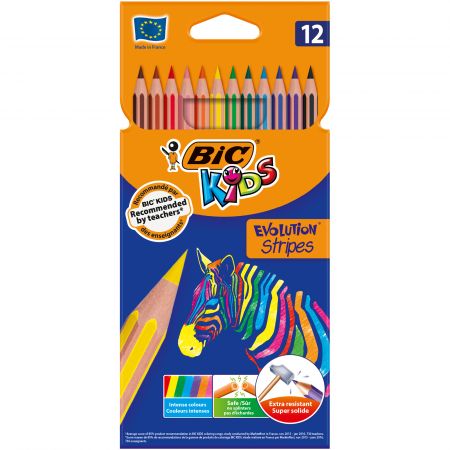 Bic Kids Evolution Stripes Caja de 12 Lapices de Colores Surtidos - Fabricados en Resina - Punta Ultraresistente - Mina Pigmentada de 3.20 mm - Nueva Formula