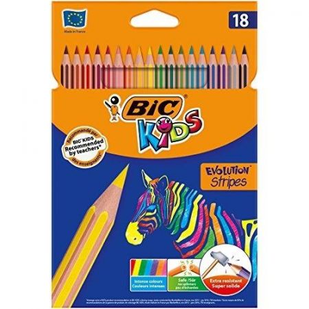 Bic Kids Evolution Stripes Caja de 18 Lapices de Colores surtidos - Fabricados en Resina - Punta Ultraresistente - Mina Pigmentada de 3.20 mm