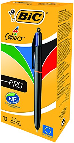 Bic 4 Colours Pro Boligrafo de Bola Retractil - Punta de 1mm - Trazo de 0.4mm - Tinta con Base de Aceite - Cuerpo Negro - 4 Colores