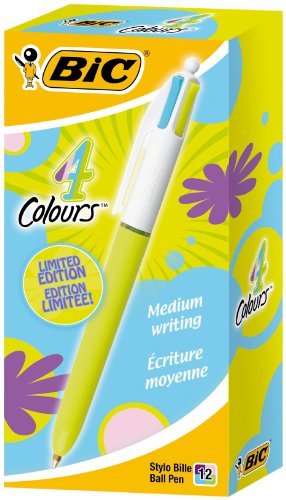 Bic 4 Colours Fun Boligrafo de Bola Retractil - Punta Media de 1.0mm - Tinta con Base de Aceite - Tinta de Colores: Rosa, Morado, Turquesa y Verde Lima - Cuerpo Azul Claro/Blanco