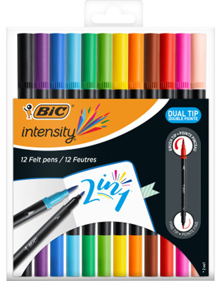 Bic Intensity Dual Tip Pack de 12 Rotuladores Doble Punta - Punta de Pincel + Punta Fina - Tinta con Base de Agua - Colores Clasicos Surtidos