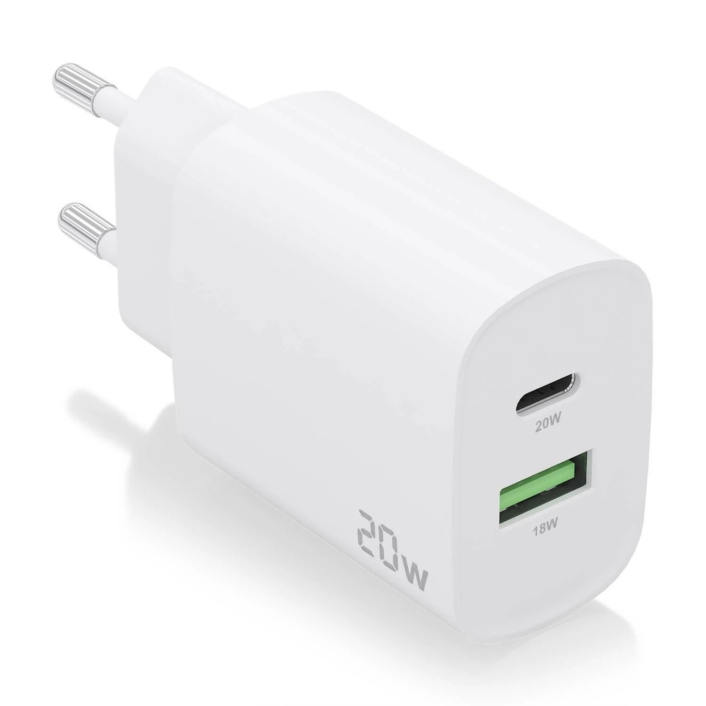 Aisens Cargador 20W - 1xUSB-C PD3.0 - 1xUSB-A QC3.0 - Color Blanco
